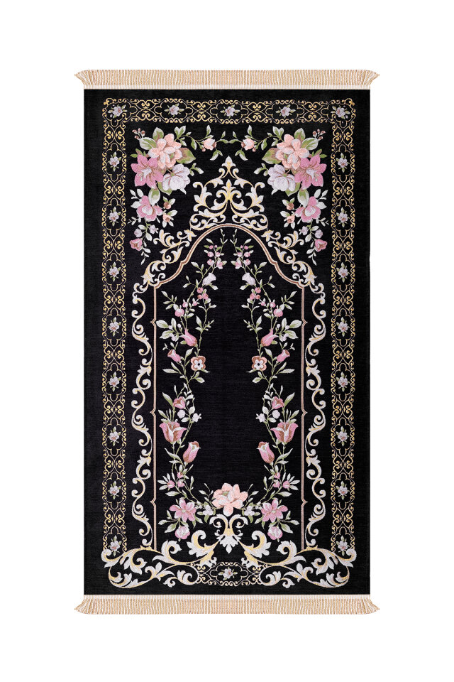 Siyah Gülbahçe Desen Kabartmalı Özel Dokuma Seccade - Bursa İpek