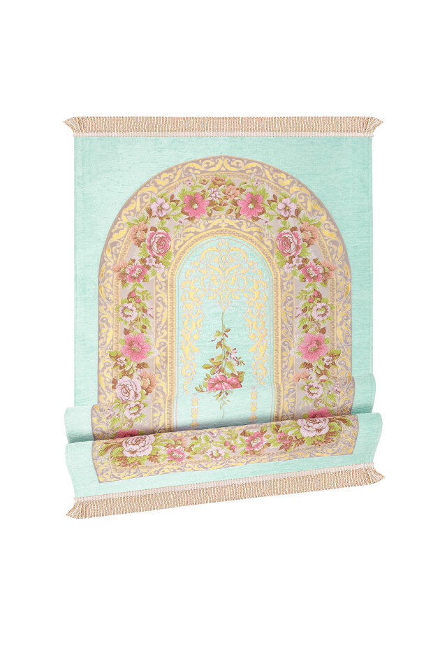 Su Yeşil Mihrap Desen Kabartmalı Özel Dokuma Seccade - 4