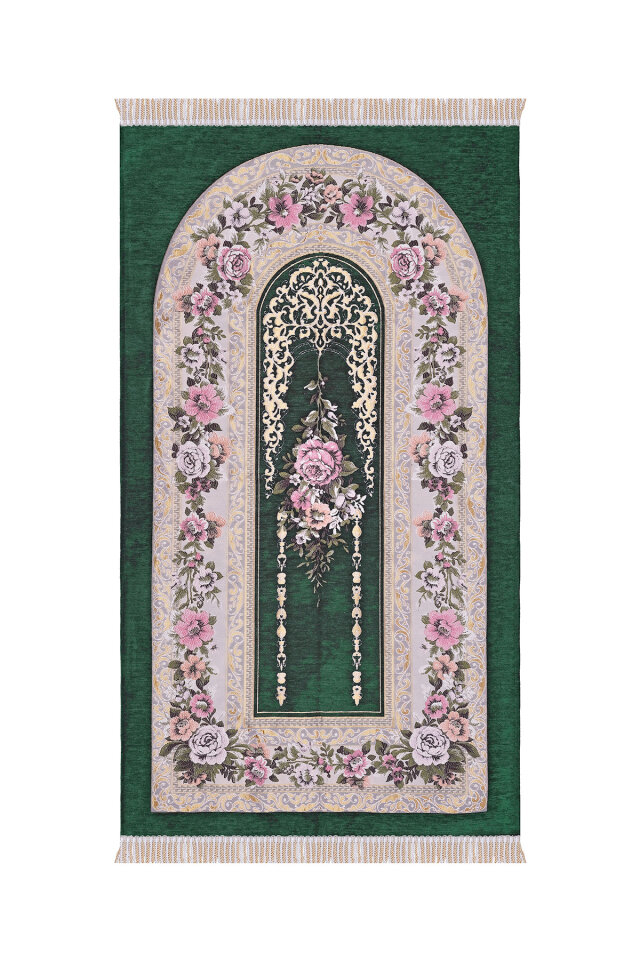 Yeşil Mihrap Desen Kabartmalı Özel Dokuma Seccade - Bursa İpek