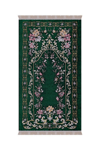 Yeşil Gülbahçe Desen Kabartmalı Özel Dokuma Seccade 