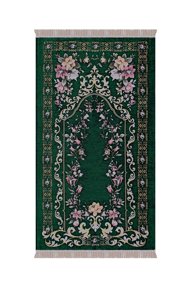 Yeşil Gülbahçe Desen Kabartmalı Özel Dokuma Seccade 