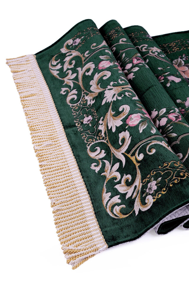Yeşil Gülbahçe Desen Kabartmalı Özel Dokuma Seccade - 3