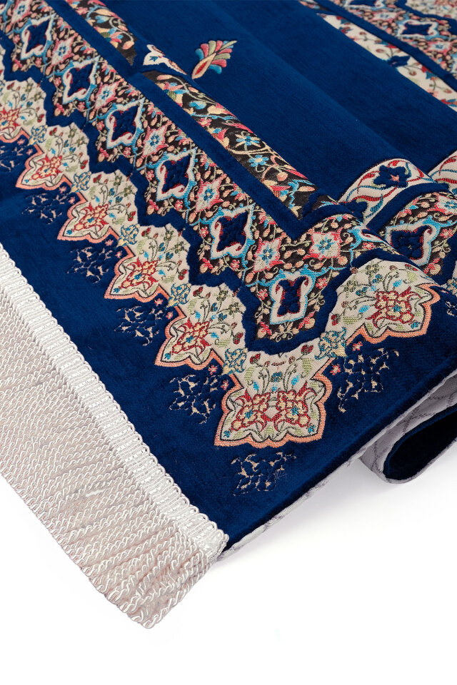 Lacivert Rumi Desen Kabartmalı Özel Dokuma Seccade - 3