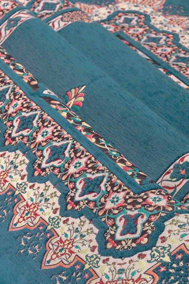 Petrol Mavi Rumi Desen Kabartmalı Özel Dokuma Seccade - 2