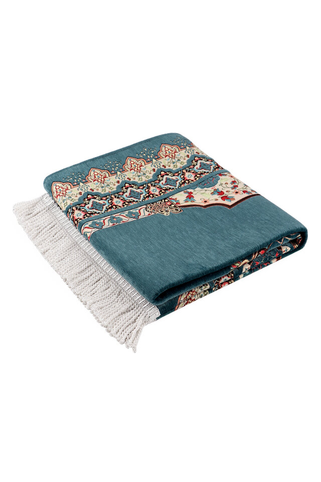 Petrol Mavi Rumi Desen Kabartmalı Özel Dokuma Seccade - 5