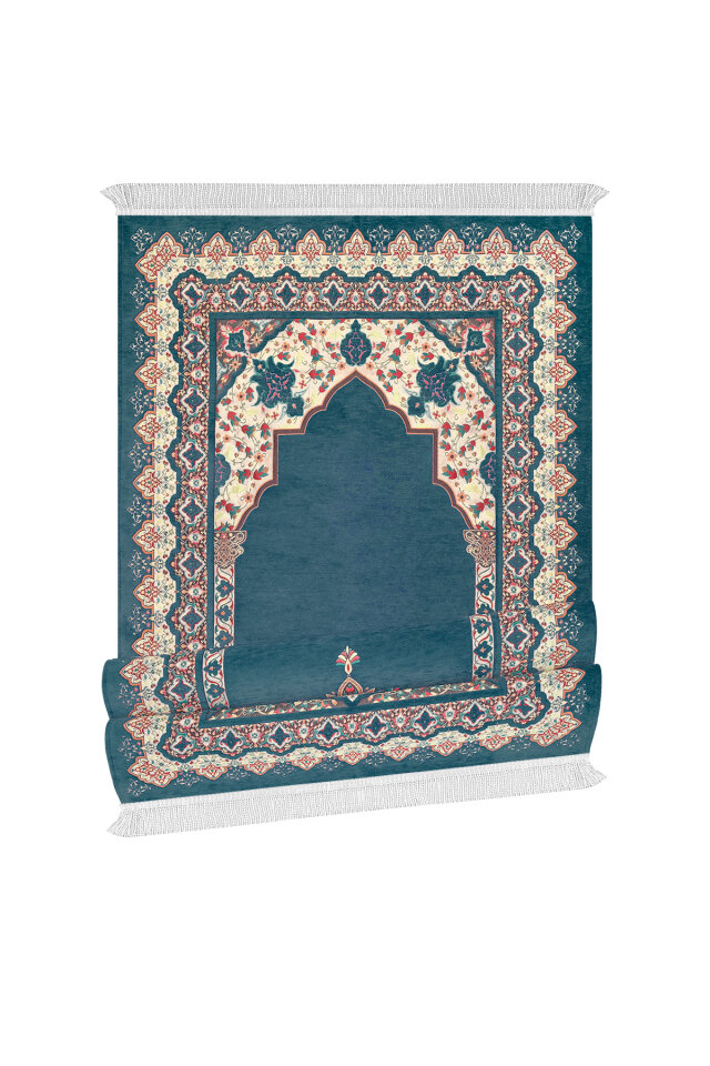 Petrol Mavi Rumi Desen Kabartmalı Özel Dokuma Seccade - 4