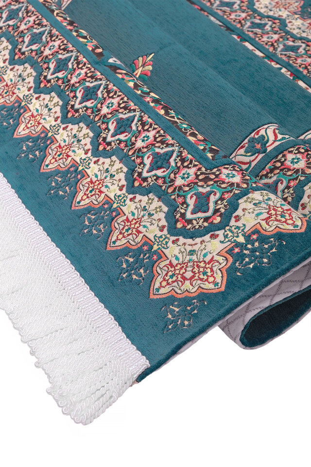 Petrol Mavi Rumi Desen Kabartmalı Özel Dokuma Seccade - 3