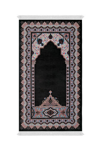 Siyah Rumi Desen Kabartmalı Özel Dokuma Seccade 