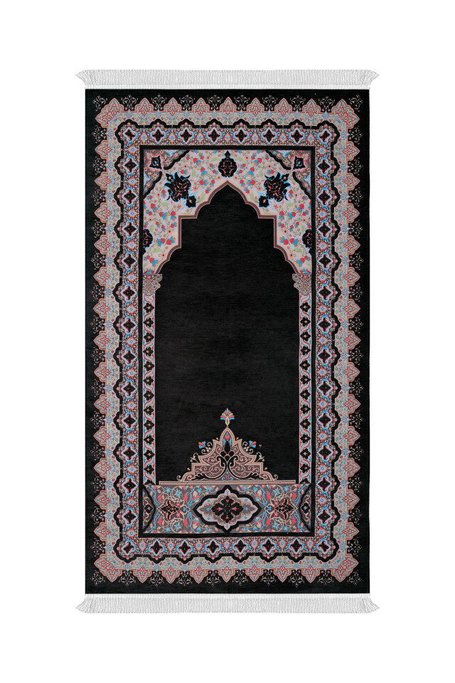 Siyah Rumi Desen Kabartmalı Özel Dokuma Seccade 