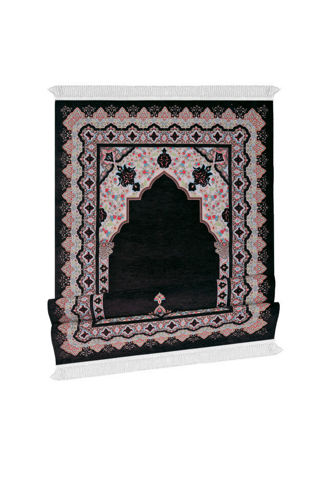 Siyah Rumi Desen Kabartmalı Özel Dokuma Seccade - 4