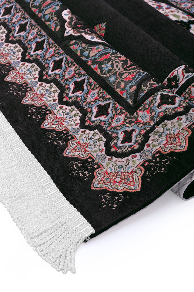 Siyah Rumi Desen Kabartmalı Özel Dokuma Seccade - 3