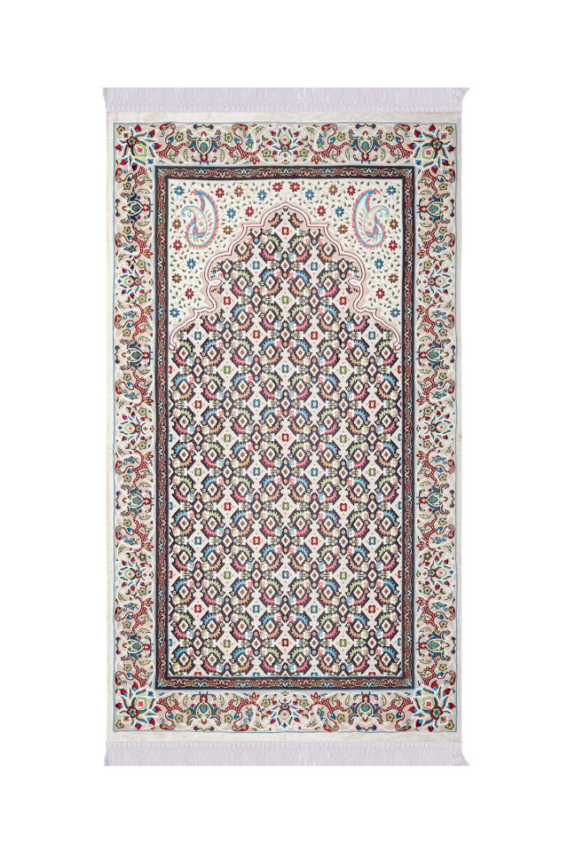 Krem Şal Desen Kabartmalı Özel Dokuma Seccade - Bursa İpek