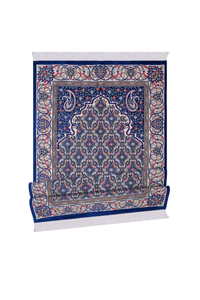 Lacivert Şal Desen Kabartmalı Özel Dokuma Seccade - 4