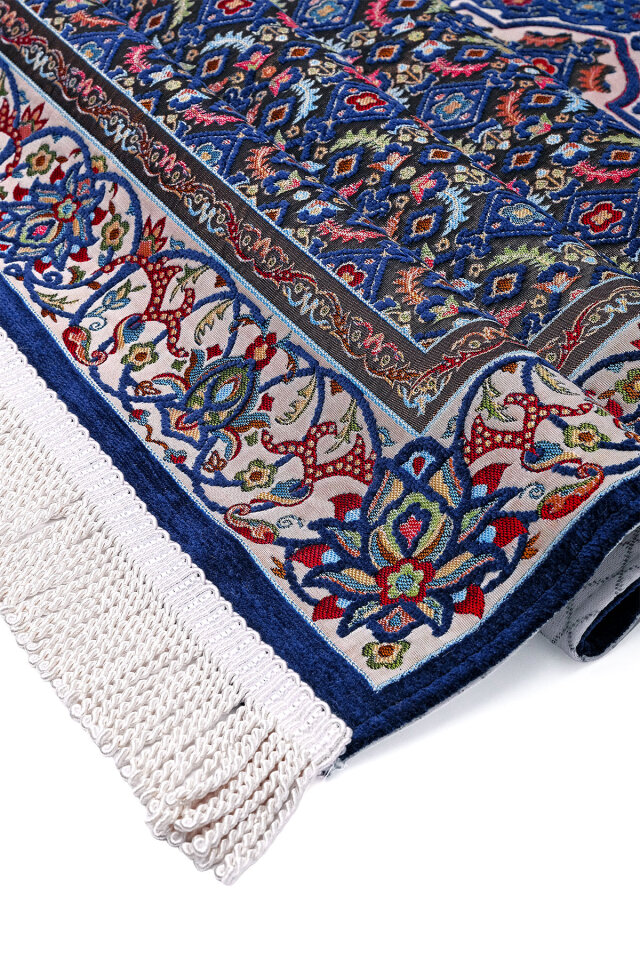 Lacivert Şal Desen Kabartmalı Özel Dokuma Seccade - 3