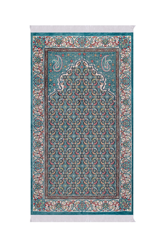 Petrol Yeşil Şal Desen Kabartmalı Özel Dokuma Seccade - Bursa İpek