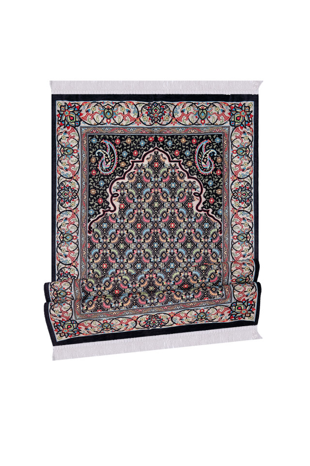 Siyah Şal Desen Kabartmalı Özel Dokuma Seccade - 4