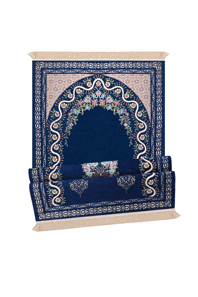 Lacivert Sarmaşık Desen Kabartmalı Özel Dokuma Seccade - 4