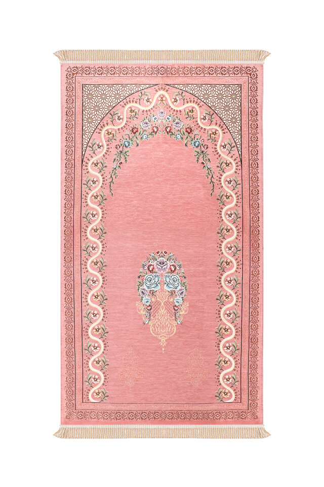 Pembe Sarmaşık Desen Kabartmalı Özel Dokuma Seccade - Bursa İpek