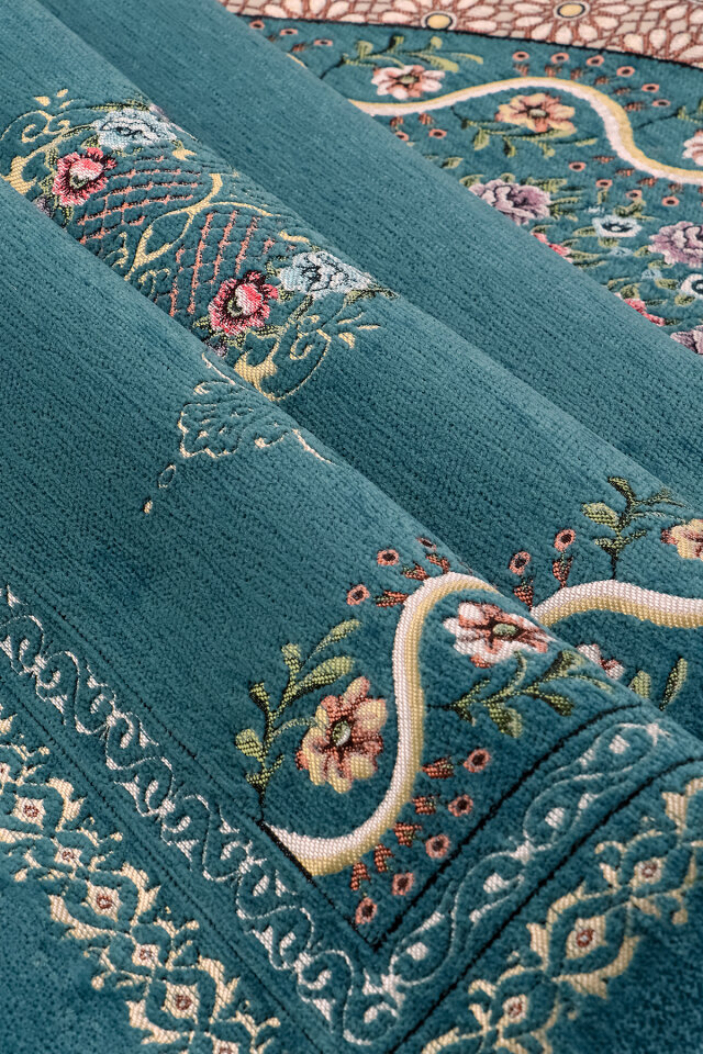 Petrol Mavi Sarmaşık Desen Kabartmalı Özel Dokuma Seccade - 2