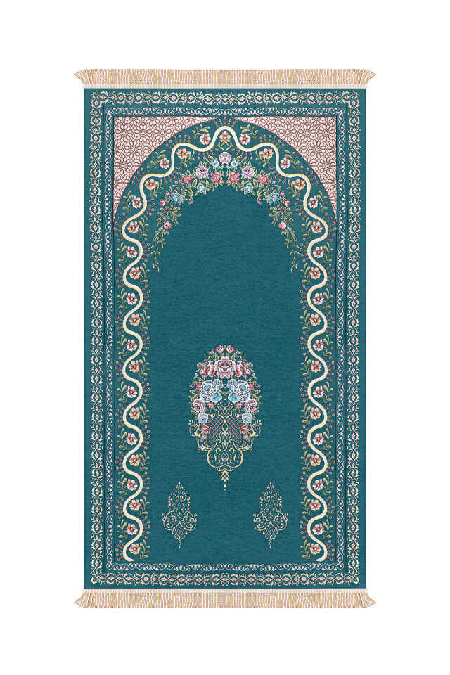 Petrol Mavi Sarmaşık Desen Kabartmalı Özel Dokuma Seccade - Bursa İpek