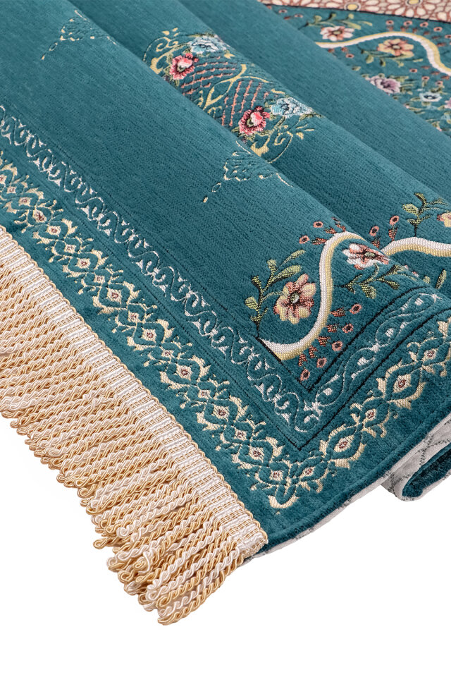 Petrol Mavi Sarmaşık Desen Kabartmalı Özel Dokuma Seccade - 3