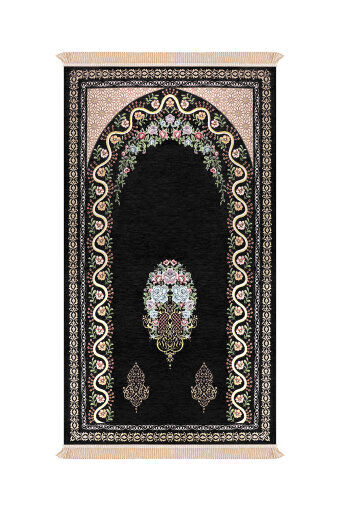 Siyah Sarmaşık Desen Kabartmalı Özel Dokuma Seccade 