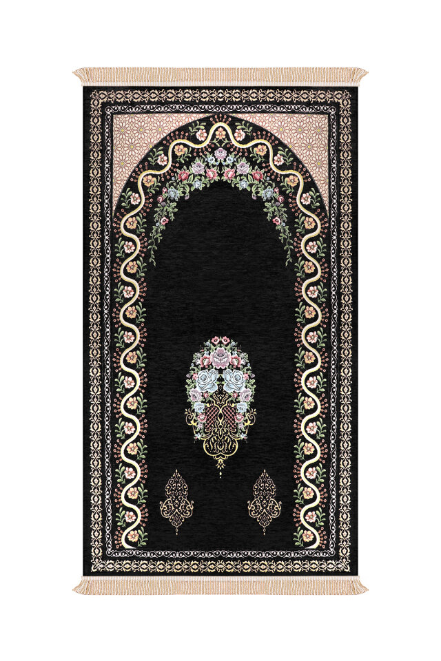 Siyah Sarmaşık Desen Kabartmalı Özel Dokuma Seccade 