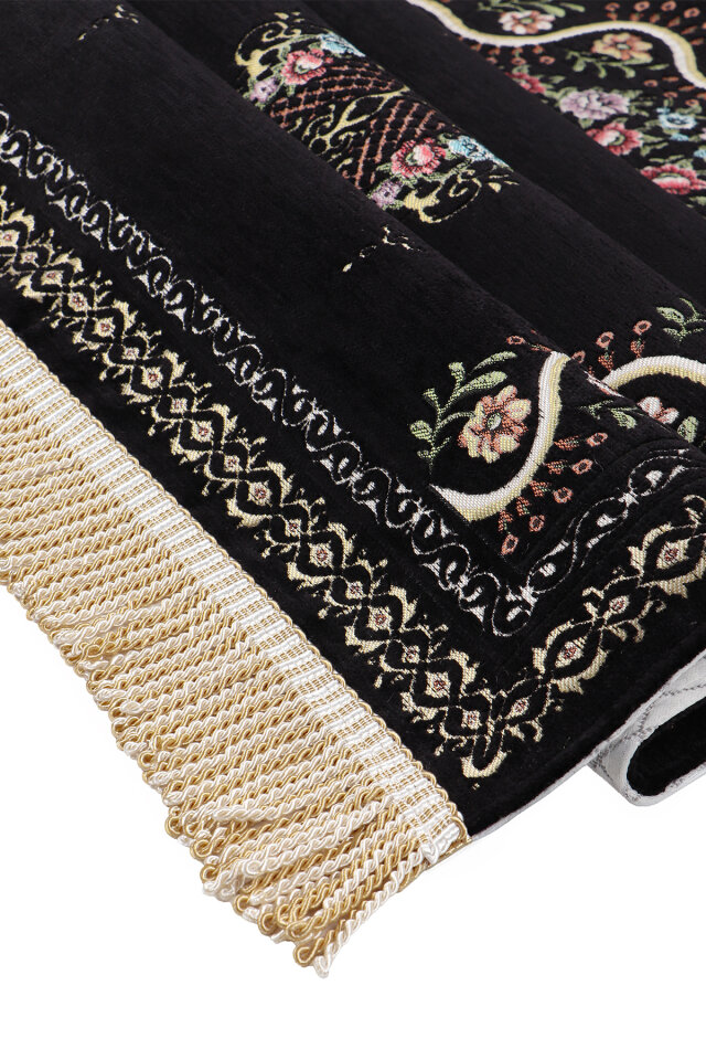 Siyah Sarmaşık Desen Kabartmalı Özel Dokuma Seccade - 3