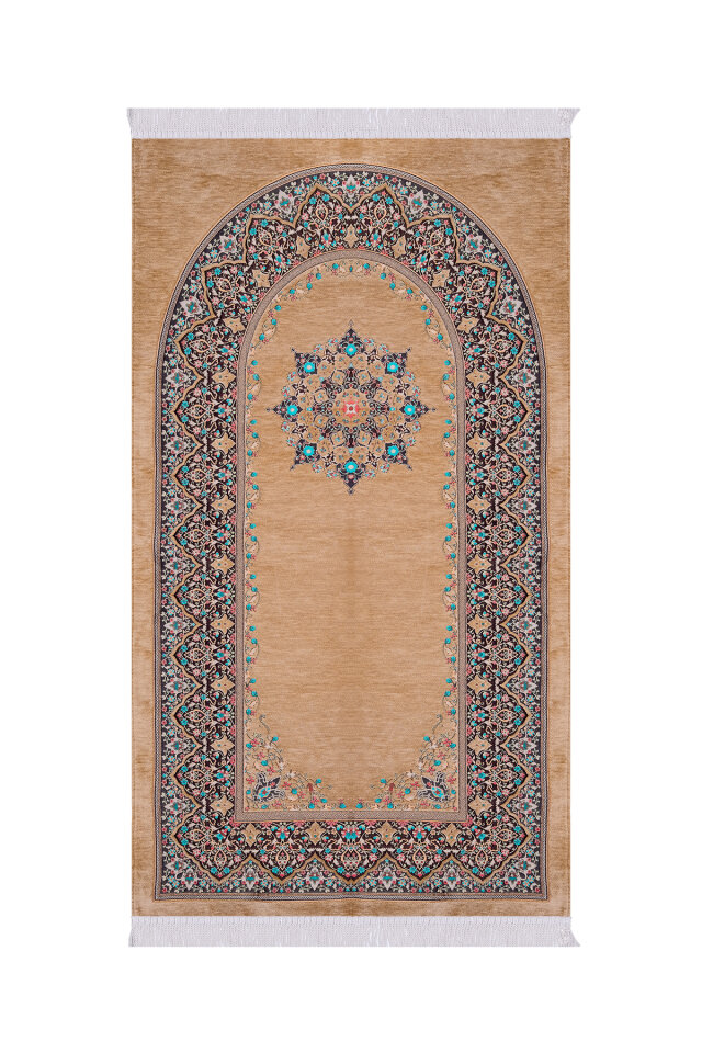 Bej Şemse Desen Kabartmalı Özel Dokuma Seccade - Bursa İpek