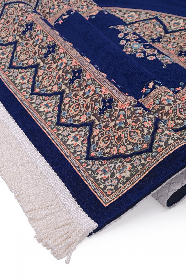 Lacivert Şemse Desen Kabartmalı Özel Dokuma Seccade - 3