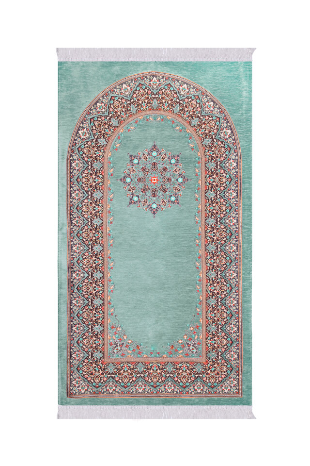 Mint Şemse Desen Kabartmalı Özel Dokuma Seccade - Bursa İpek