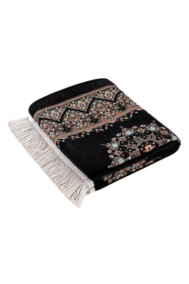 Siyah Şemse Desen Kabartmalı Özel Dokuma Seccade - 5