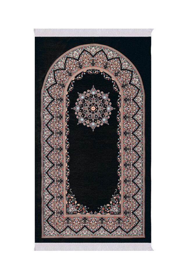 Siyah Şemse Desen Kabartmalı Özel Dokuma Seccade - Bursa İpek