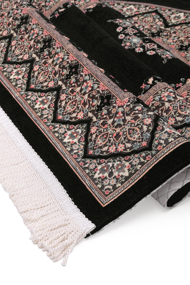 Siyah Şemse Desen Kabartmalı Özel Dokuma Seccade - 3