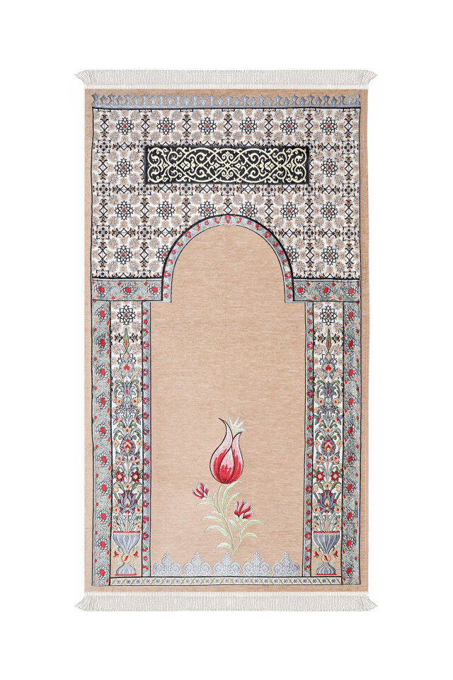 Bej Osmanlı Lale Desen Kabartmalı Özel Dokuma Seccade 