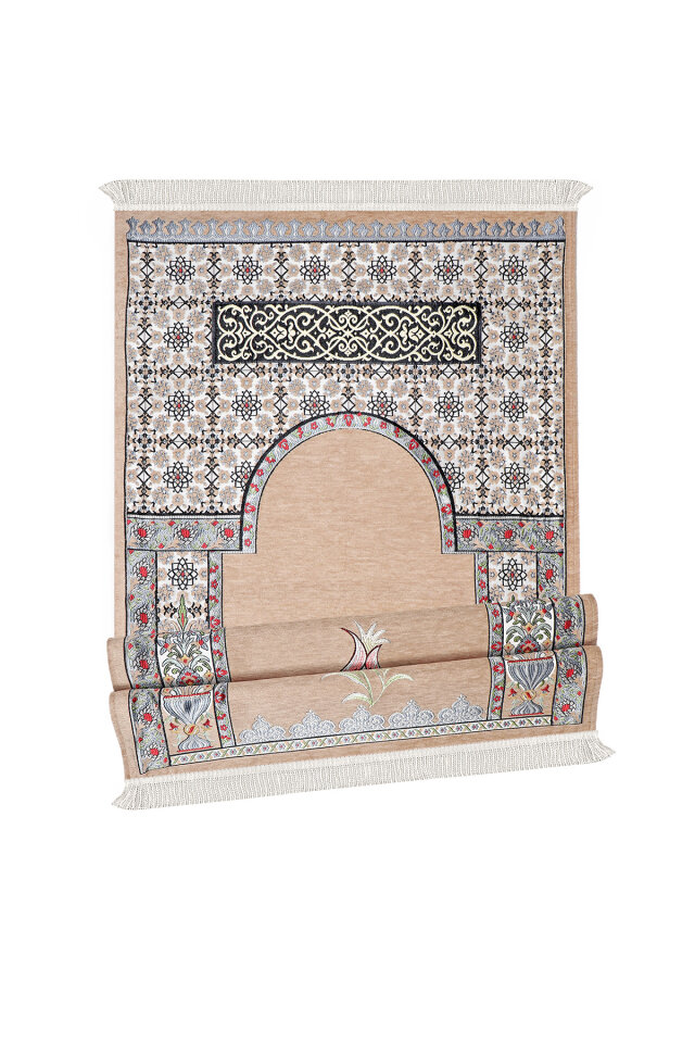 Bej Osmanlı Lale Desen Kabartmalı Özel Dokuma Seccade - 4