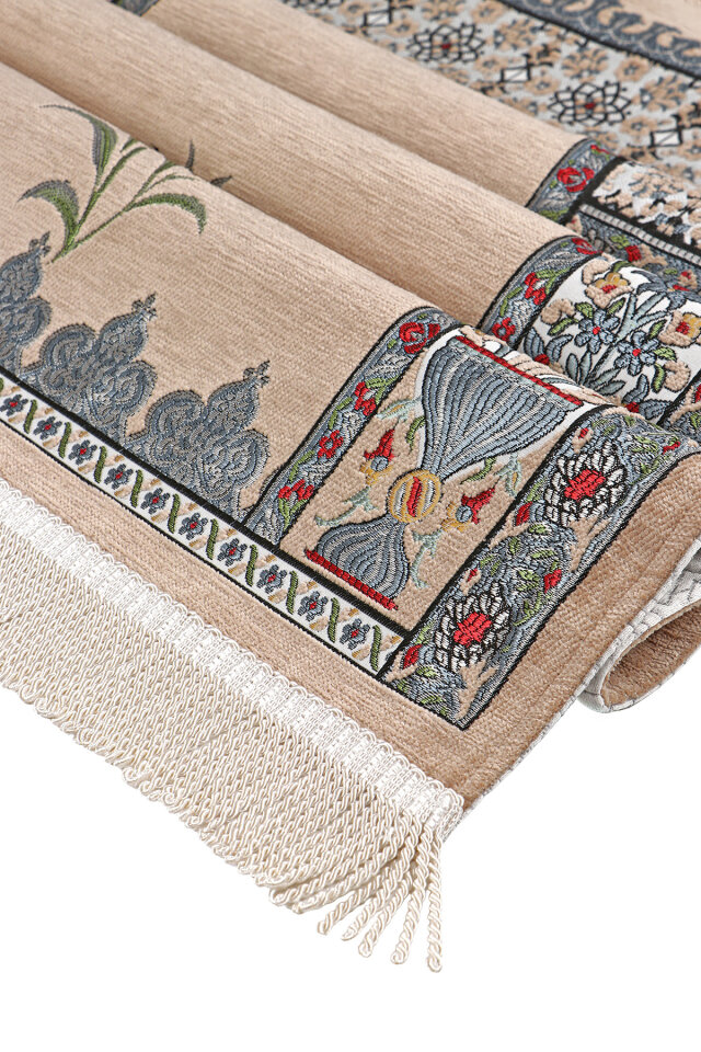 Bej Osmanlı Lale Desen Kabartmalı Özel Dokuma Seccade - 3