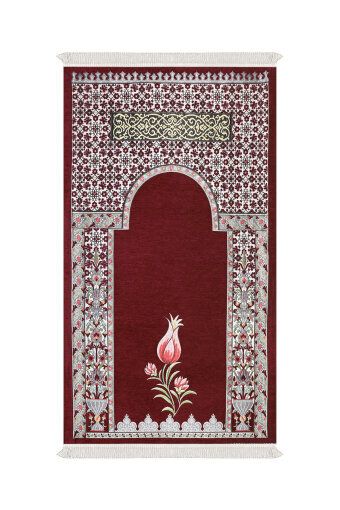 Bordo Osmanlı Lale Desen Kabartmalı Özel Dokuma Seccade 