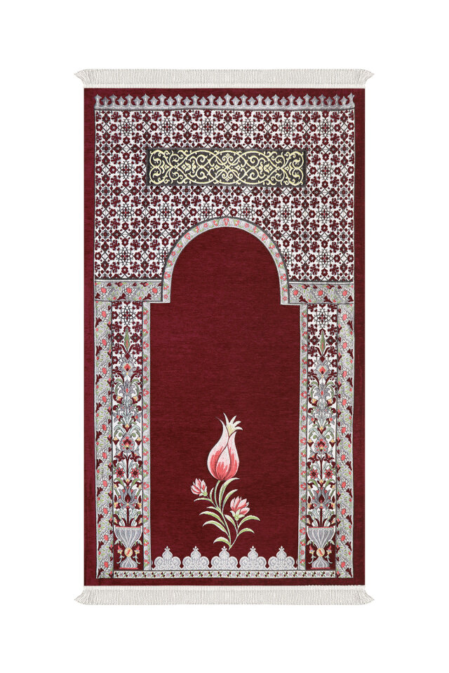 Bordo Osmanlı Lale Desen Kabartmalı Özel Dokuma Seccade 