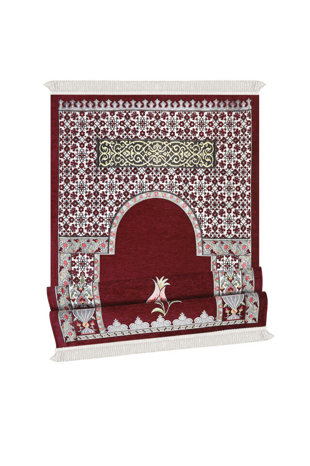 Bordo Osmanlı Lale Desen Kabartmalı Özel Dokuma Seccade - 4