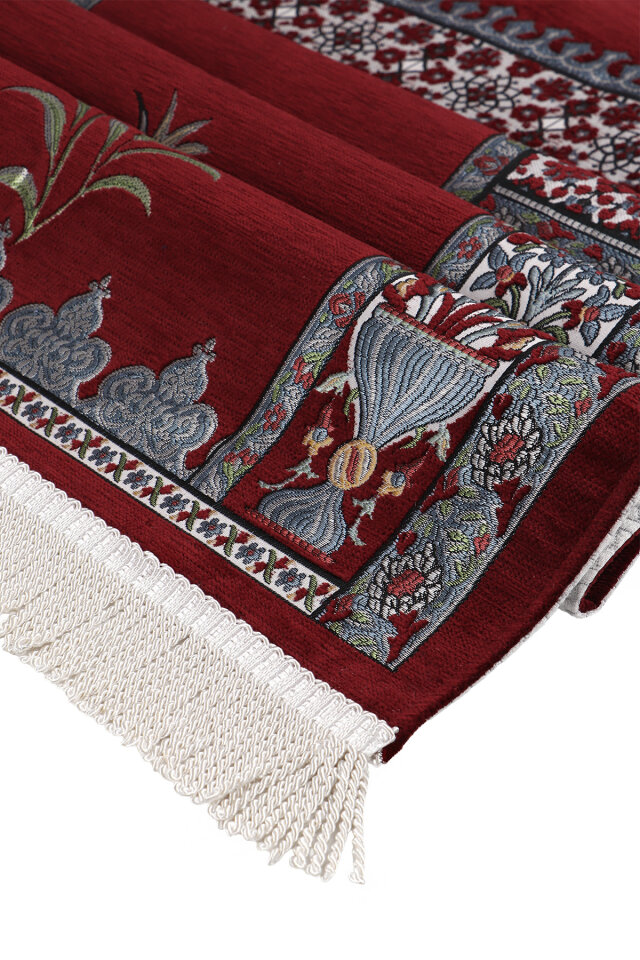 Bordo Osmanlı Lale Desen Kabartmalı Özel Dokuma Seccade - 3