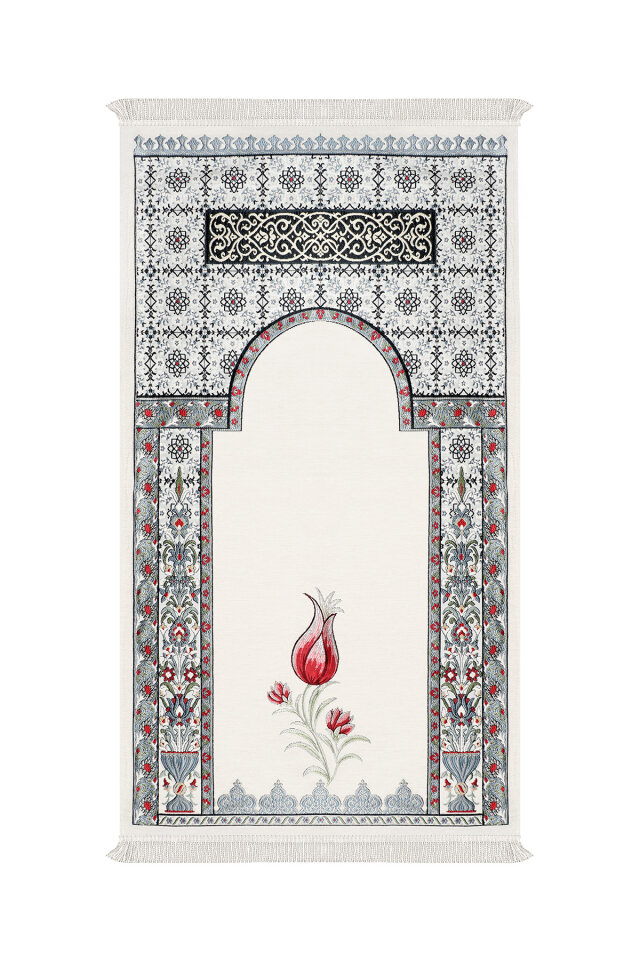 Krem Osmanlı Lale Desen Kabartmalı Özel Dokuma Seccade 