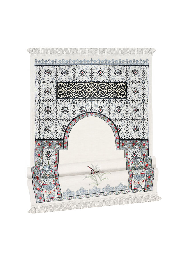 Krem Osmanlı Lale Desen Kabartmalı Özel Dokuma Seccade - 4