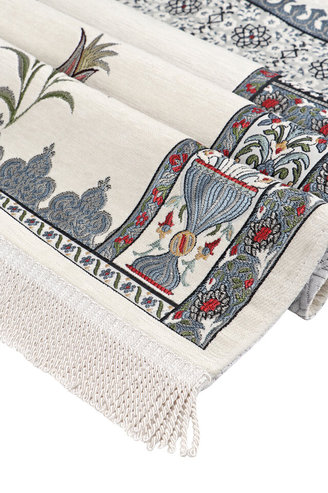 Krem Osmanlı Lale Desen Kabartmalı Özel Dokuma Seccade - 3