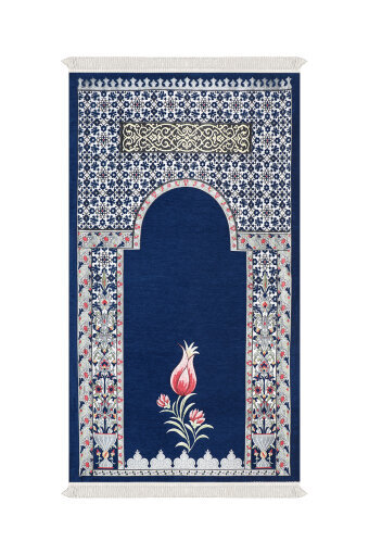 Lacivert Osmanlı Lale Desen Kabartmalı Özel Dokuma Seccade 