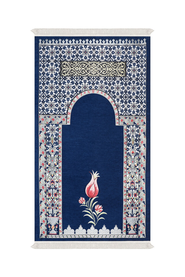 Lacivert Osmanlı Lale Desen Kabartmalı Özel Dokuma Seccade 