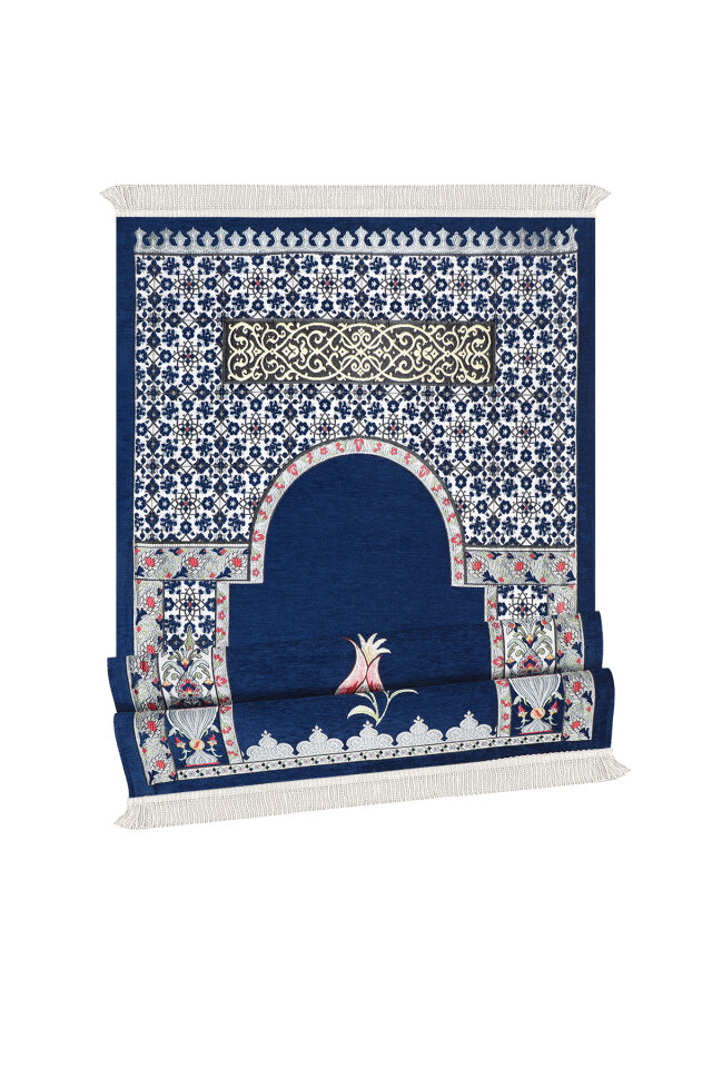 Lacivert Osmanlı Lale Desen Kabartmalı Özel Dokuma Seccade - 4