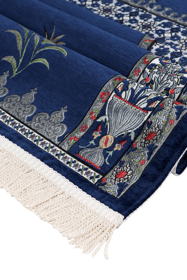 Lacivert Osmanlı Lale Desen Kabartmalı Özel Dokuma Seccade - 3