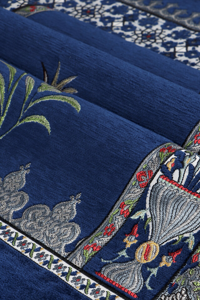 Lacivert Osmanlı Lale Desen Kabartmalı Özel Dokuma Seccade - 2