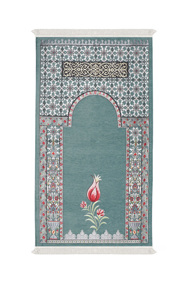 Mint Osmanlı Lale Desen Kabartmalı Özel Dokuma Seccade - Bursa İpek